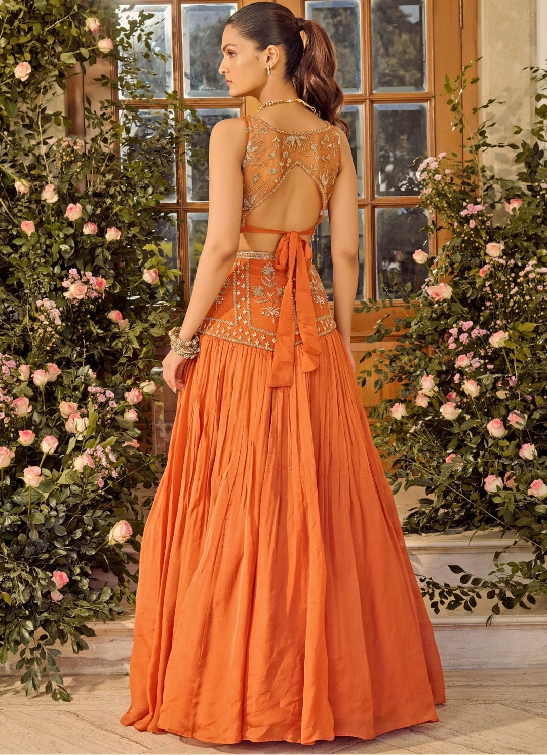 Rust Orange Embroidered Lehenga Set Parul Gandhi - Fabilicious Fashion