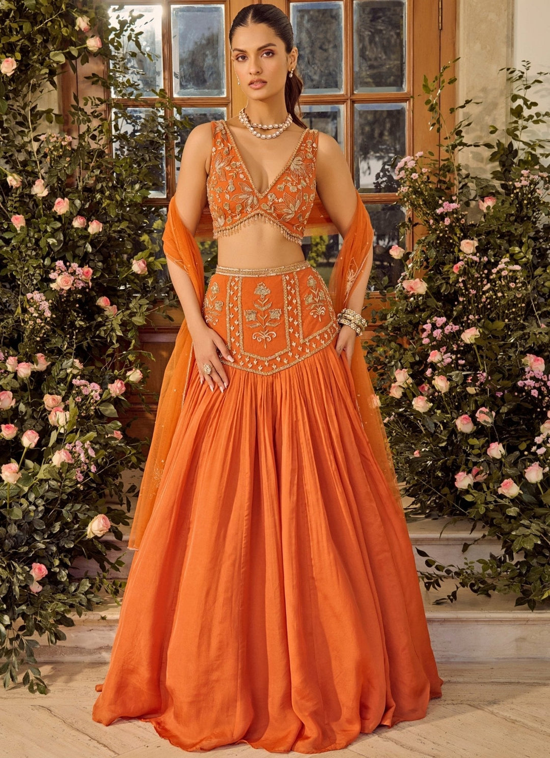 Rust Orange Embroidered Lehenga Set Parul Gandhi - Fabilicious Fashion