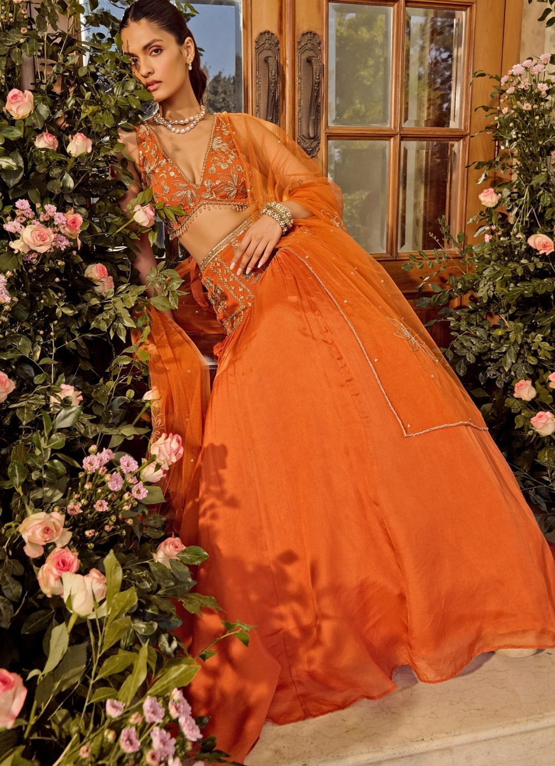 Rust Orange Embroidered Lehenga Set Parul Gandhi - Fabilicious Fashion