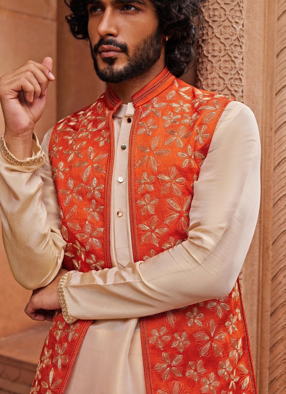 Rust Orange Embroidered Nehru Jacket Set Contrast By Parth - Fabilicious Fashion