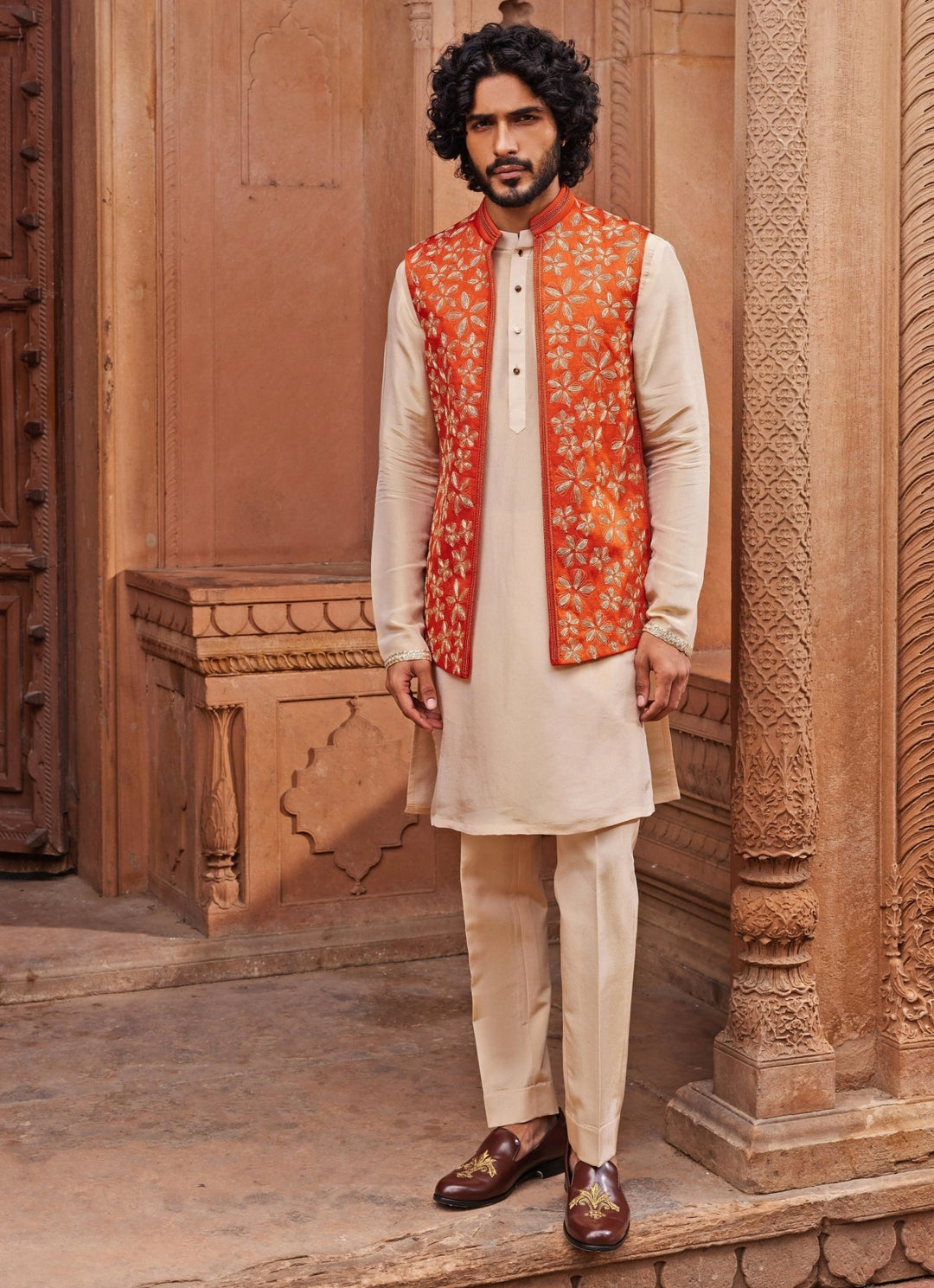 Rust Orange Embroidered Nehru Jacket Set Contrast By Parth - Fabilicious Fashion