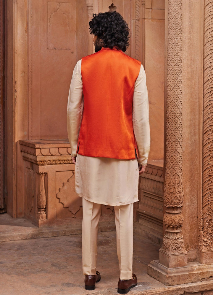 Rust Orange Embroidered Nehru Jacket Set Contrast By Parth - Fabilicious Fashion