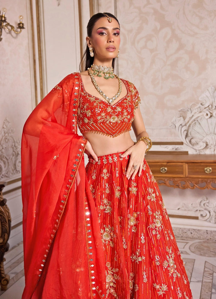 Rust Orange Embroidered Organza Lehenga Set Sanya Gulati - Fabilicious Fashion