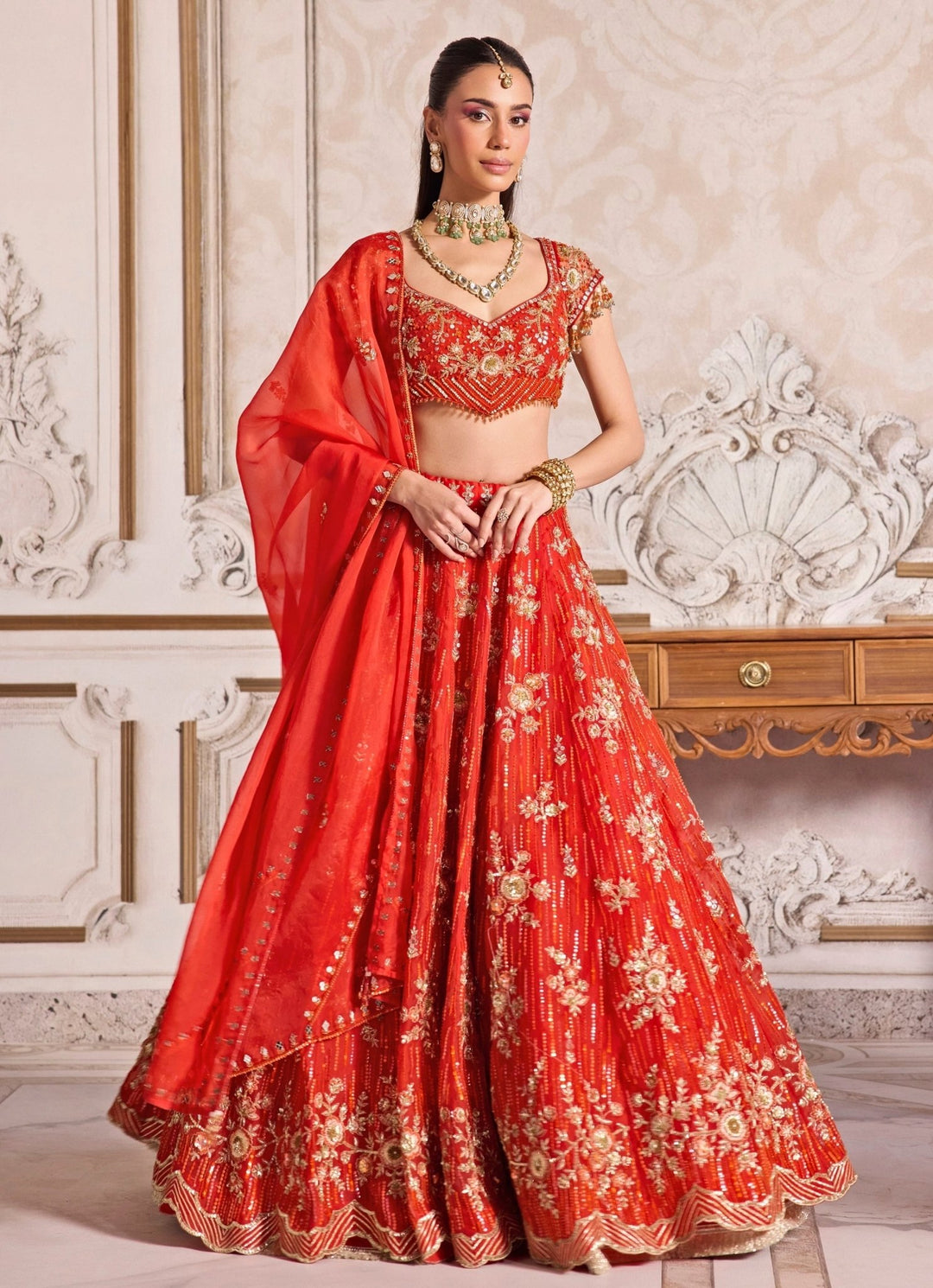 Rust Orange Embroidered Organza Lehenga Set Sanya Gulati - Fabilicious Fashion
