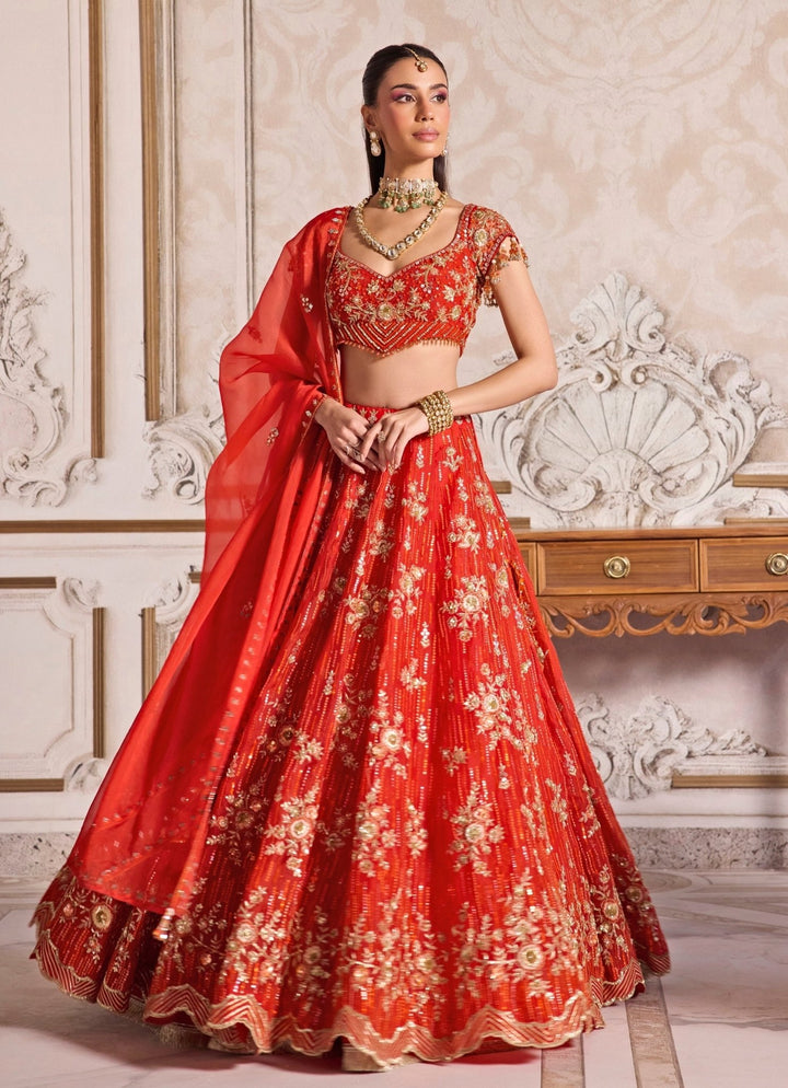 Rust Orange Embroidered Organza Lehenga Set Sanya Gulati - Fabilicious Fashion