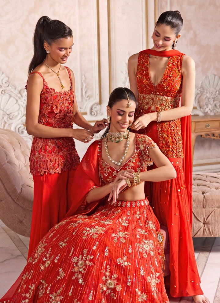 Rust Orange Embroidered Organza Lehenga Set Sanya Gulati - Fabilicious Fashion