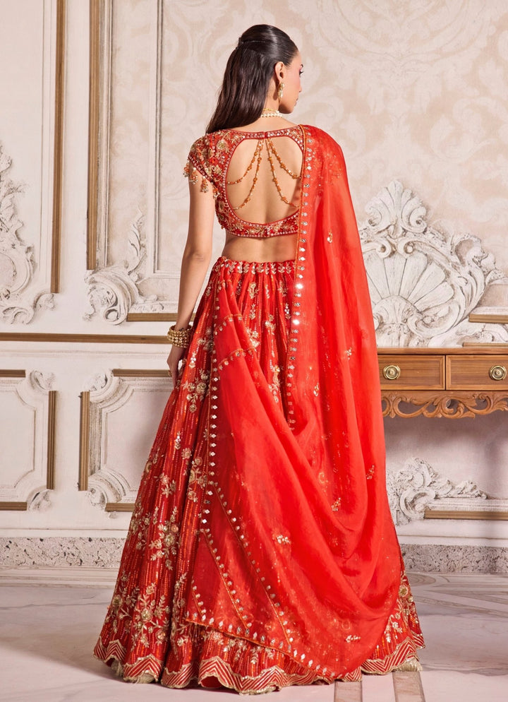 Rust Orange Embroidered Organza Lehenga Set Sanya Gulati - Fabilicious Fashion