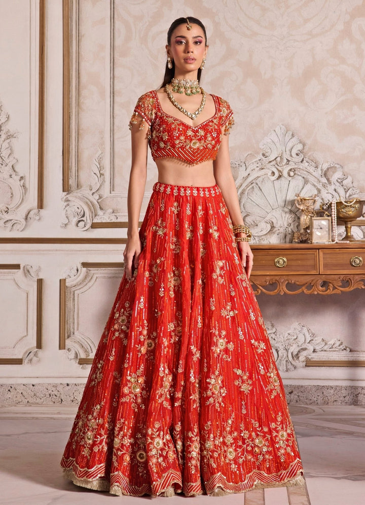 Rust Orange Embroidered Organza Lehenga Set Sanya Gulati - Fabilicious Fashion