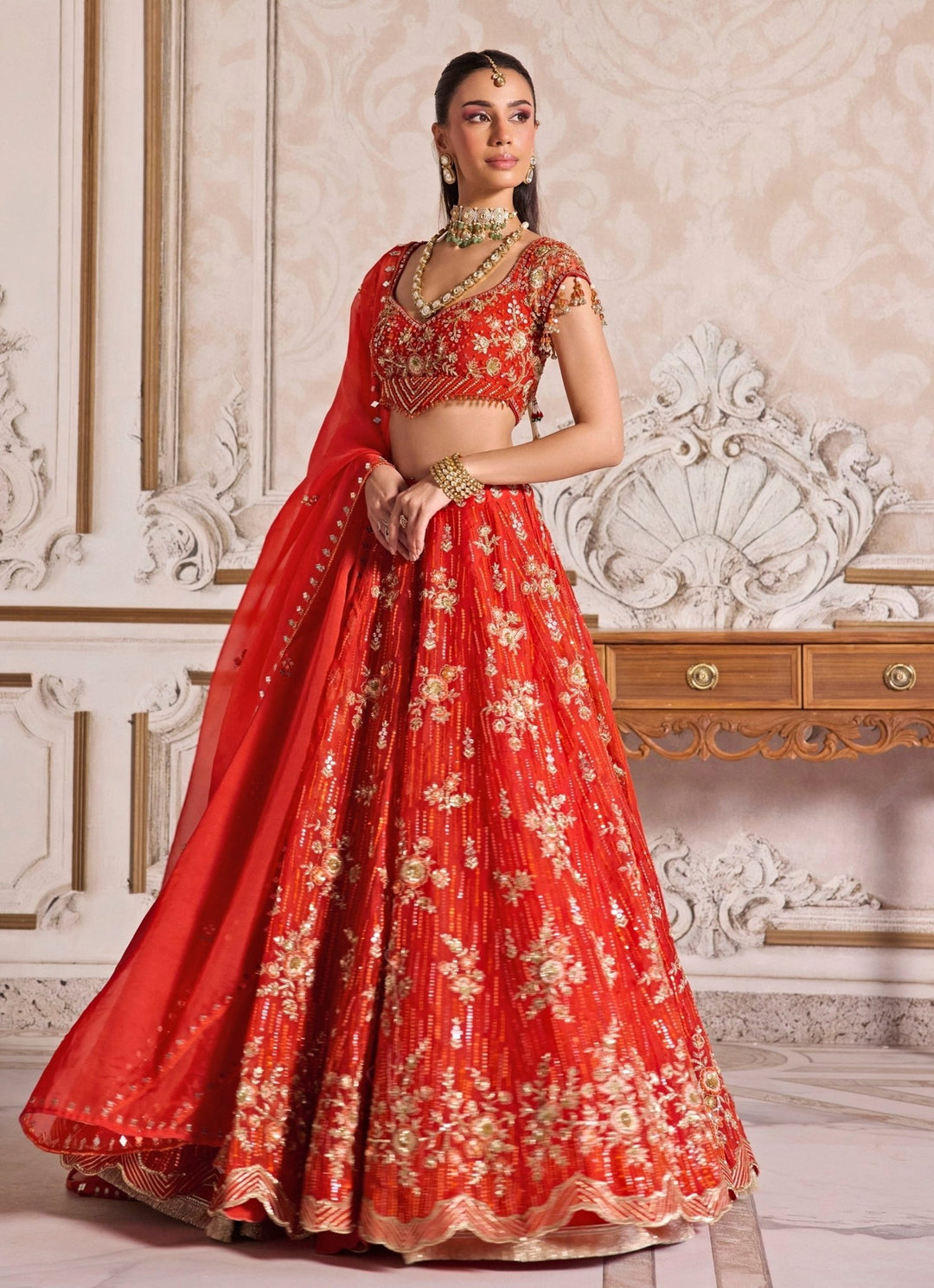 Rust Orange Embroidered Organza Lehenga Set Sanya Gulati - Fabilicious Fashion