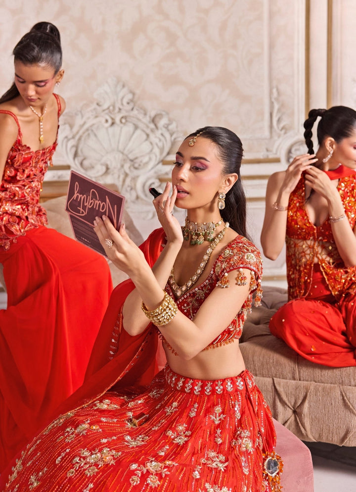 Rust Orange Embroidered Organza Lehenga Set Sanya Gulati - Fabilicious Fashion