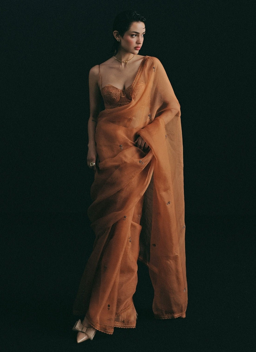 The Little Black Bow Rust Orange Embroidered Organza SareeFabilicious Fashion