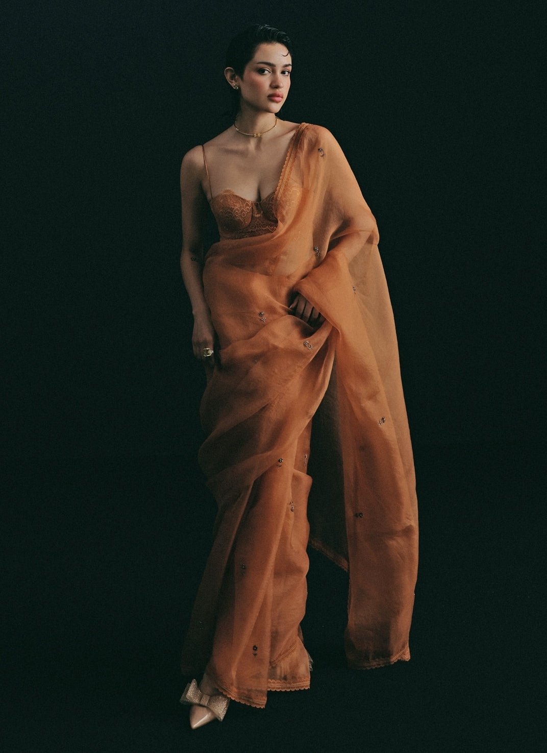 The Little Black Bow Rust Orange Embroidered Organza SareeFabilicious Fashion