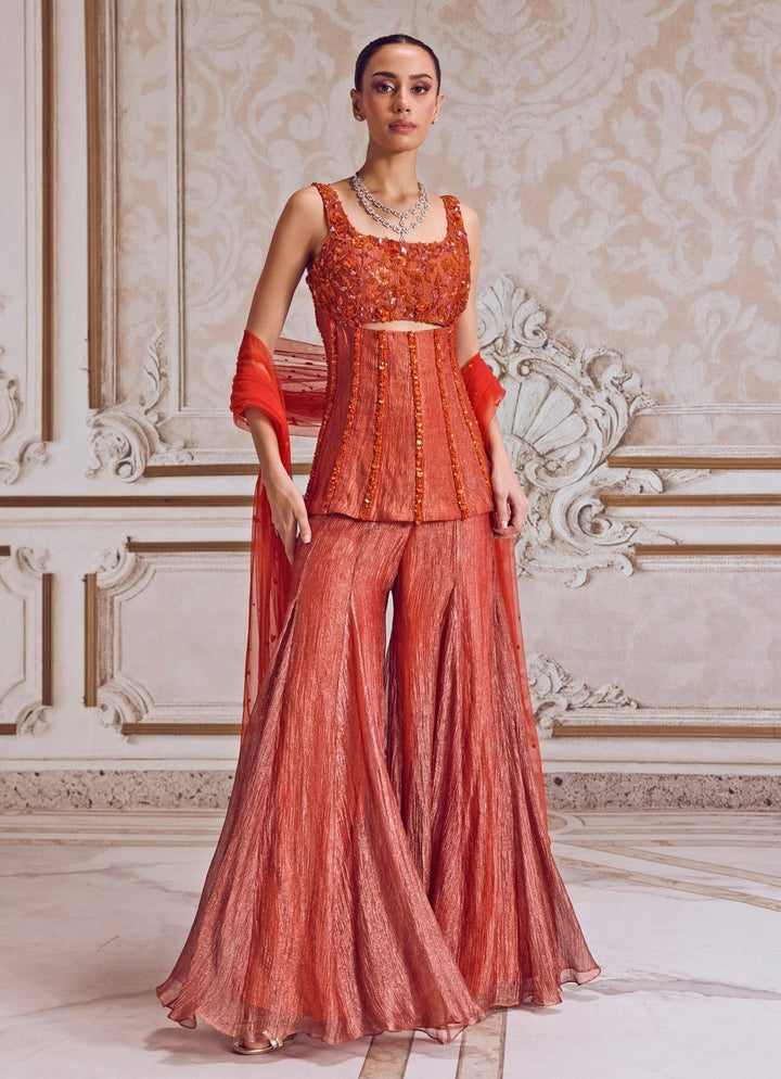Rust Orange Embroidered Tissue Sharara With Corset Sanya Gulati - Fabilicious Fashion
