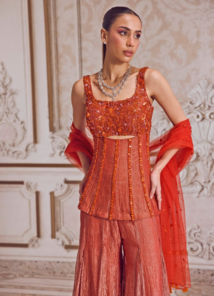 Rust Orange Embroidered Tissue Sharara With Corset Sanya Gulati - Fabilicious Fashion