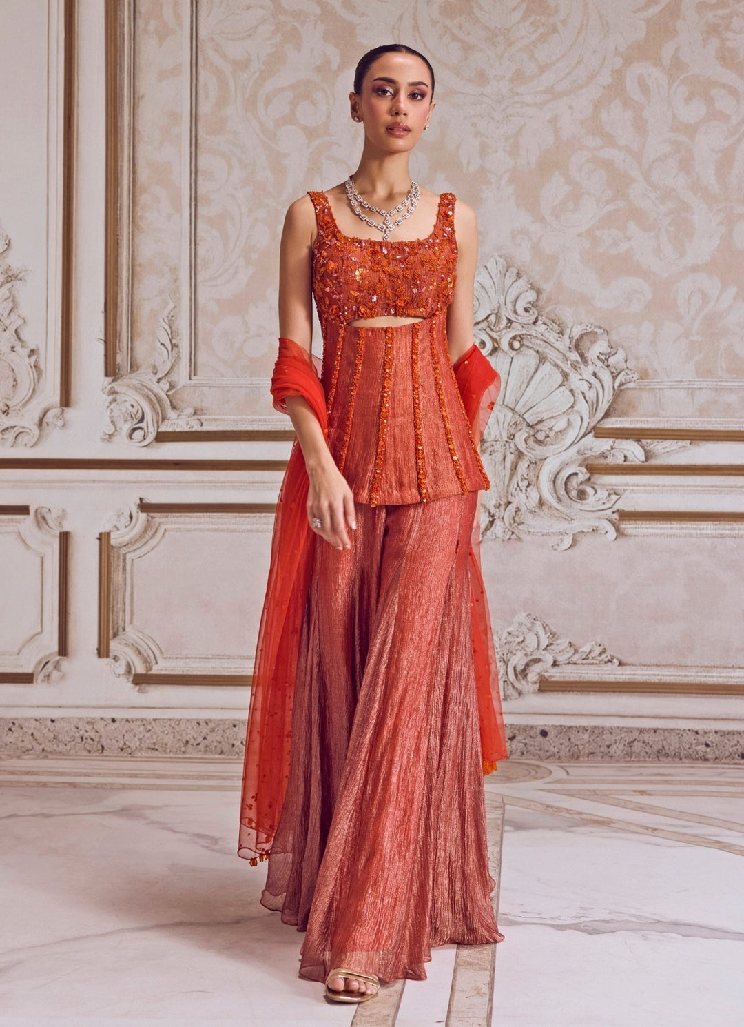 Rust Orange Embroidered Tissue Sharara With Corset Sanya Gulati - Fabilicious Fashion