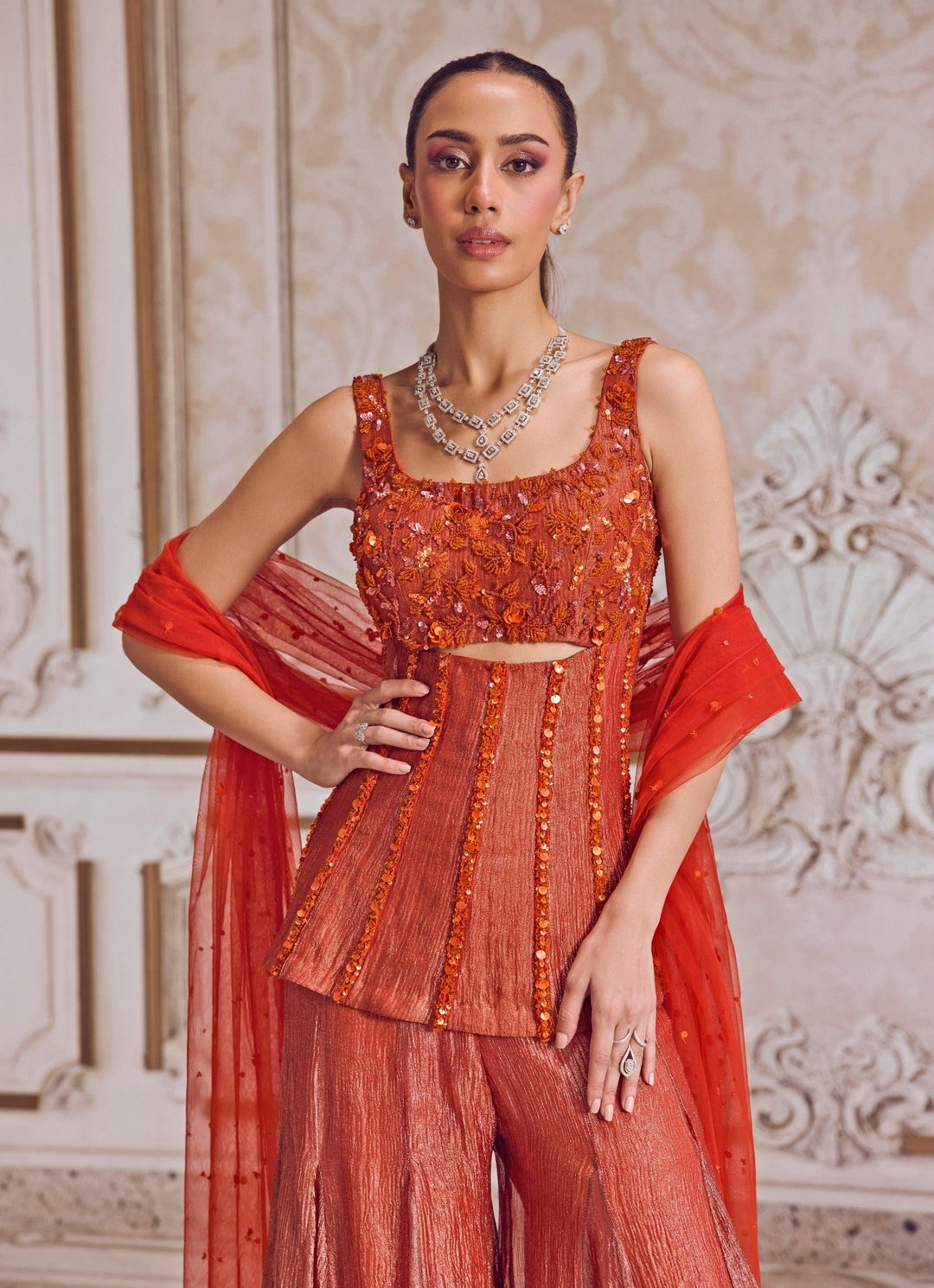 Rust Orange Embroidered Tissue Sharara With Corset Sanya Gulati - Fabilicious Fashion