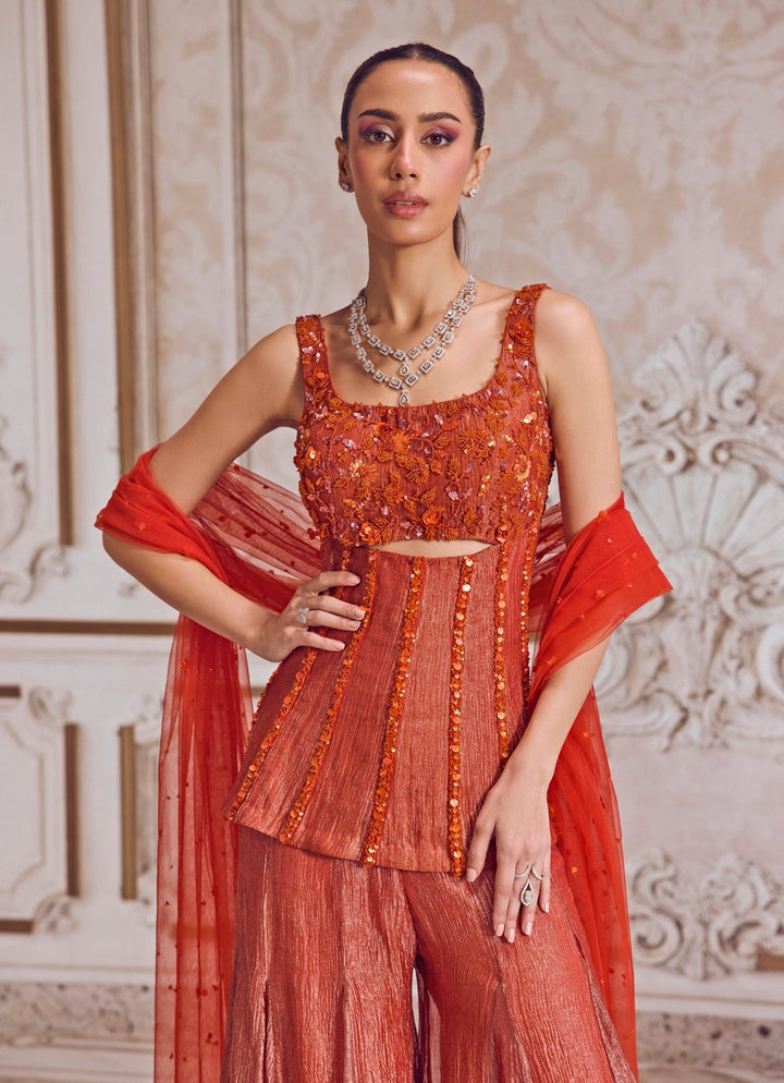 Rust Orange Embroidered Tissue Sharara With Corset Sanya Gulati - Fabilicious Fashion