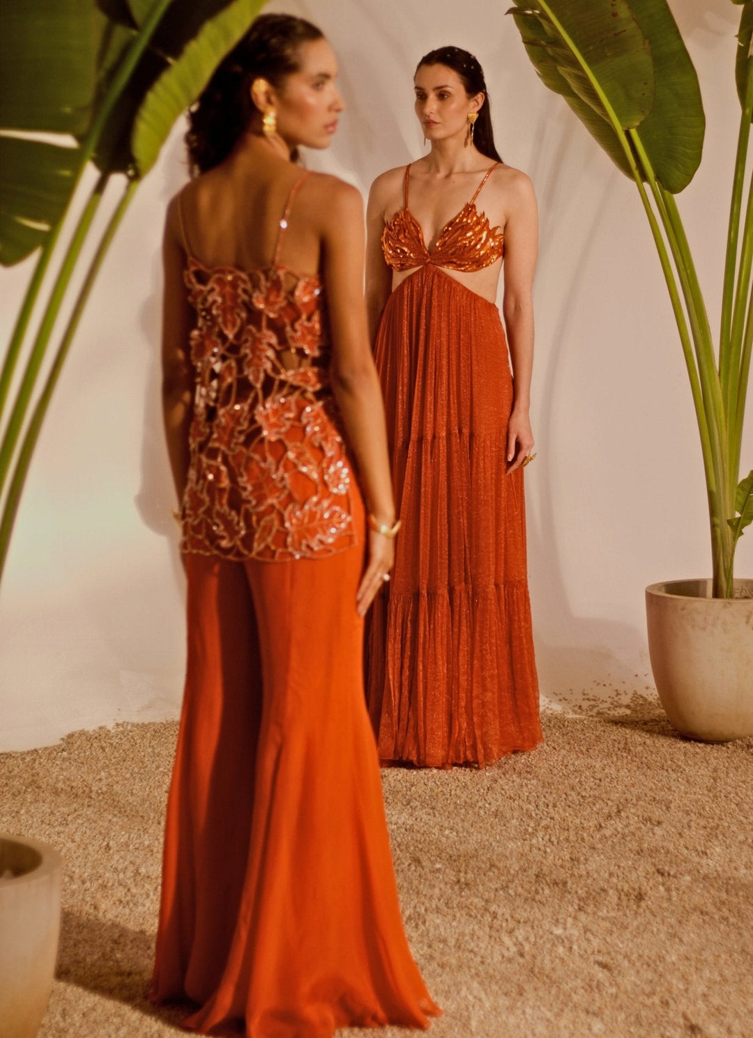 Rust Orange Embroidered Tunic Set Silky Bindra - Fabilicious Fashion