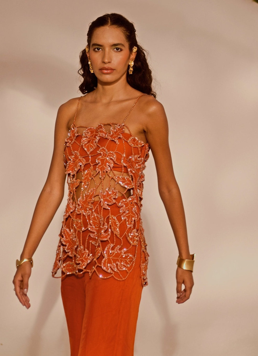 Rust Orange Embroidered Tunic Set Silky Bindra - Fabilicious Fashion