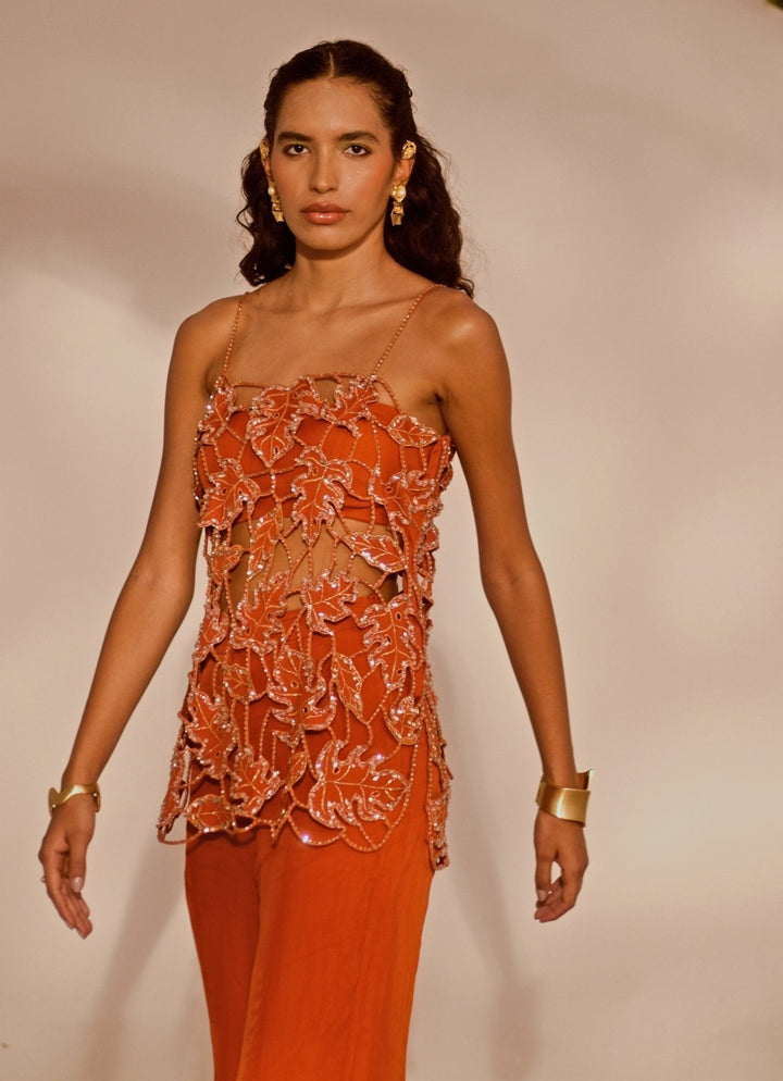 Rust Orange Embroidered Tunic Set Silky Bindra - Fabilicious Fashion