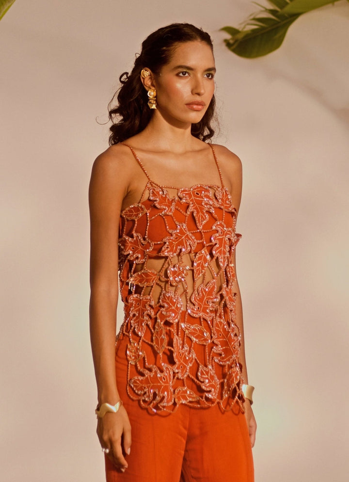 Rust Orange Embroidered Tunic Set Silky Bindra - Fabilicious Fashion