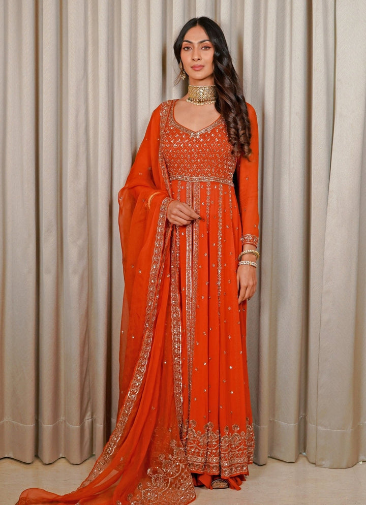 Rust Orange Georgette Anarkali Set Esha Koul - Fabilicious Fashion