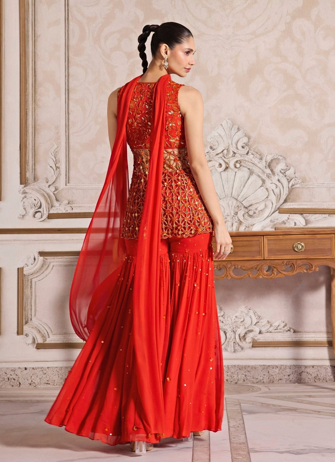 Rust Orange Georgette Peplum Kurta Sharara Set Sanya Gulati - Fabilicious Fashion