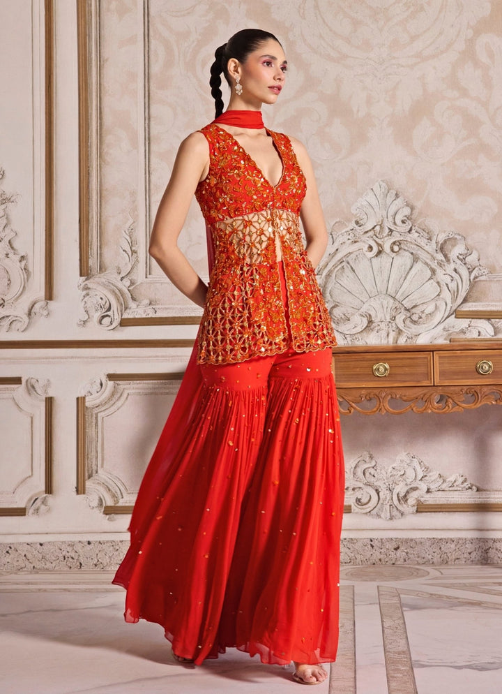 Rust Orange Georgette Peplum Kurta Sharara Set Sanya Gulati - Fabilicious Fashion