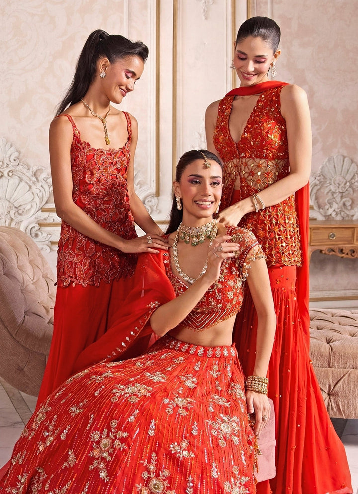 Rust Orange Georgette Peplum Kurta Sharara Set Sanya Gulati - Fabilicious Fashion