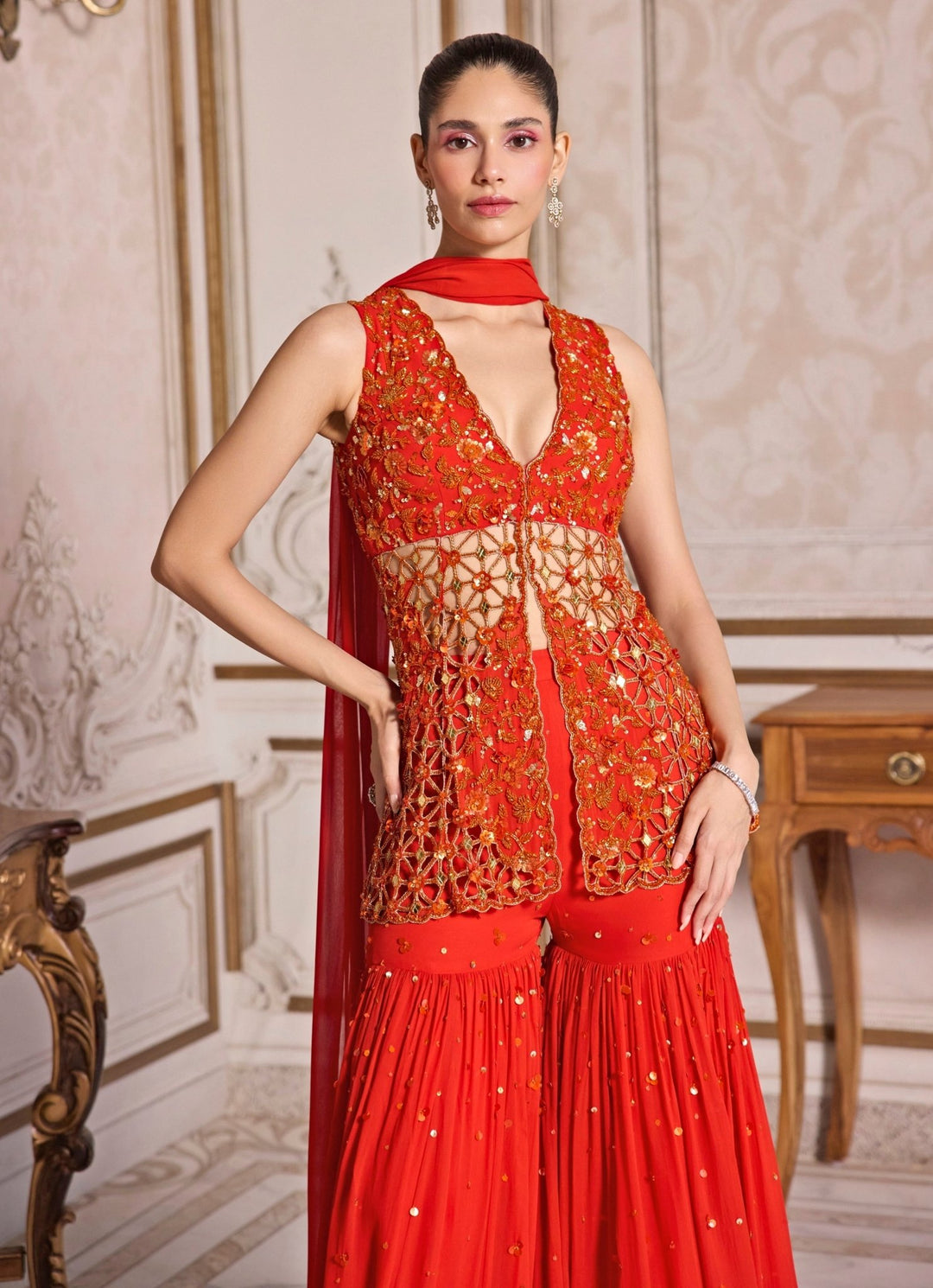 Rust Orange Georgette Peplum Kurta Sharara Set Sanya Gulati - Fabilicious Fashion