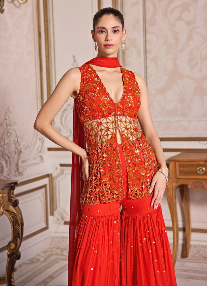 Rust Orange Georgette Peplum Kurta Sharara Set Sanya Gulati - Fabilicious Fashion