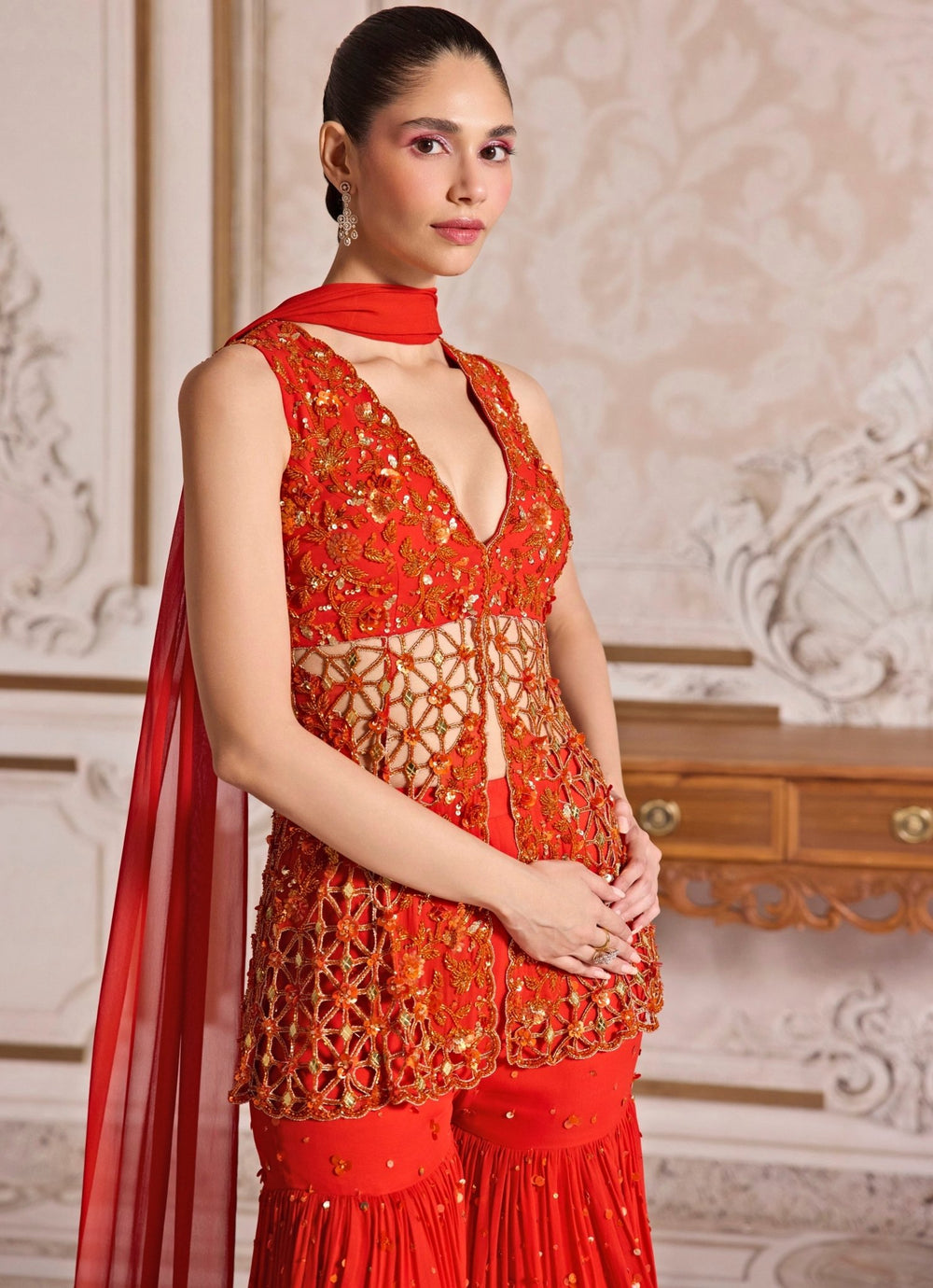 Rust Orange Georgette Peplum Kurta Sharara Set Sanya Gulati - Fabilicious Fashion