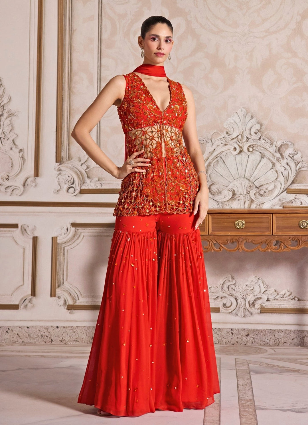 Rust Orange Georgette Peplum Kurta Sharara Set Sanya Gulati - Fabilicious Fashion