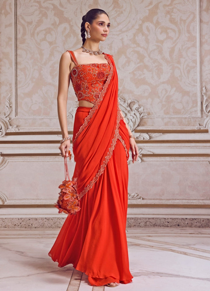 Rust Orange Georgette Pre Draped Saree With Corset Blouse Sanya Gulati - Fabilicious Fashion