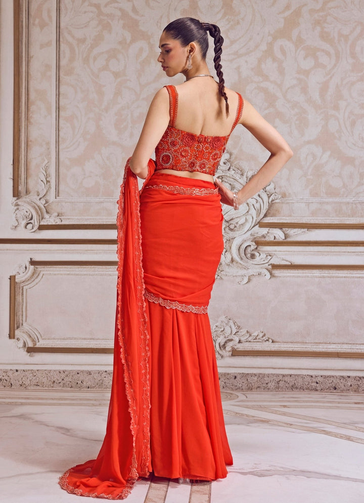 Rust Orange Georgette Pre Draped Saree With Corset Blouse Sanya Gulati - Fabilicious Fashion