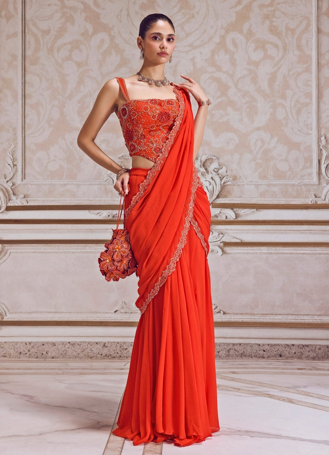 Rust Orange Georgette Pre Draped Saree With Corset Blouse Sanya Gulati - Fabilicious Fashion