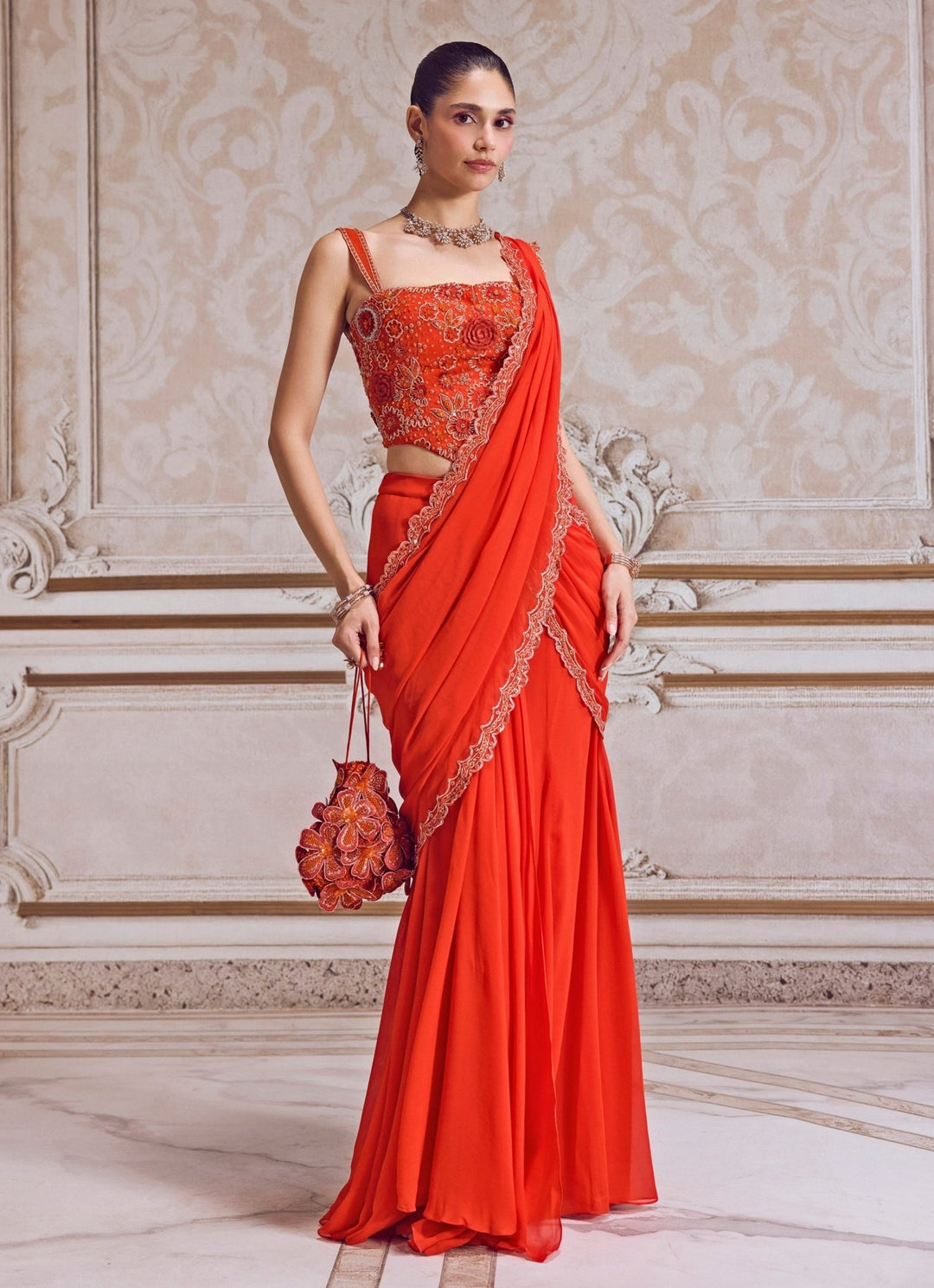 Rust Orange Georgette Pre Draped Saree With Corset Blouse Sanya Gulati - Fabilicious Fashion