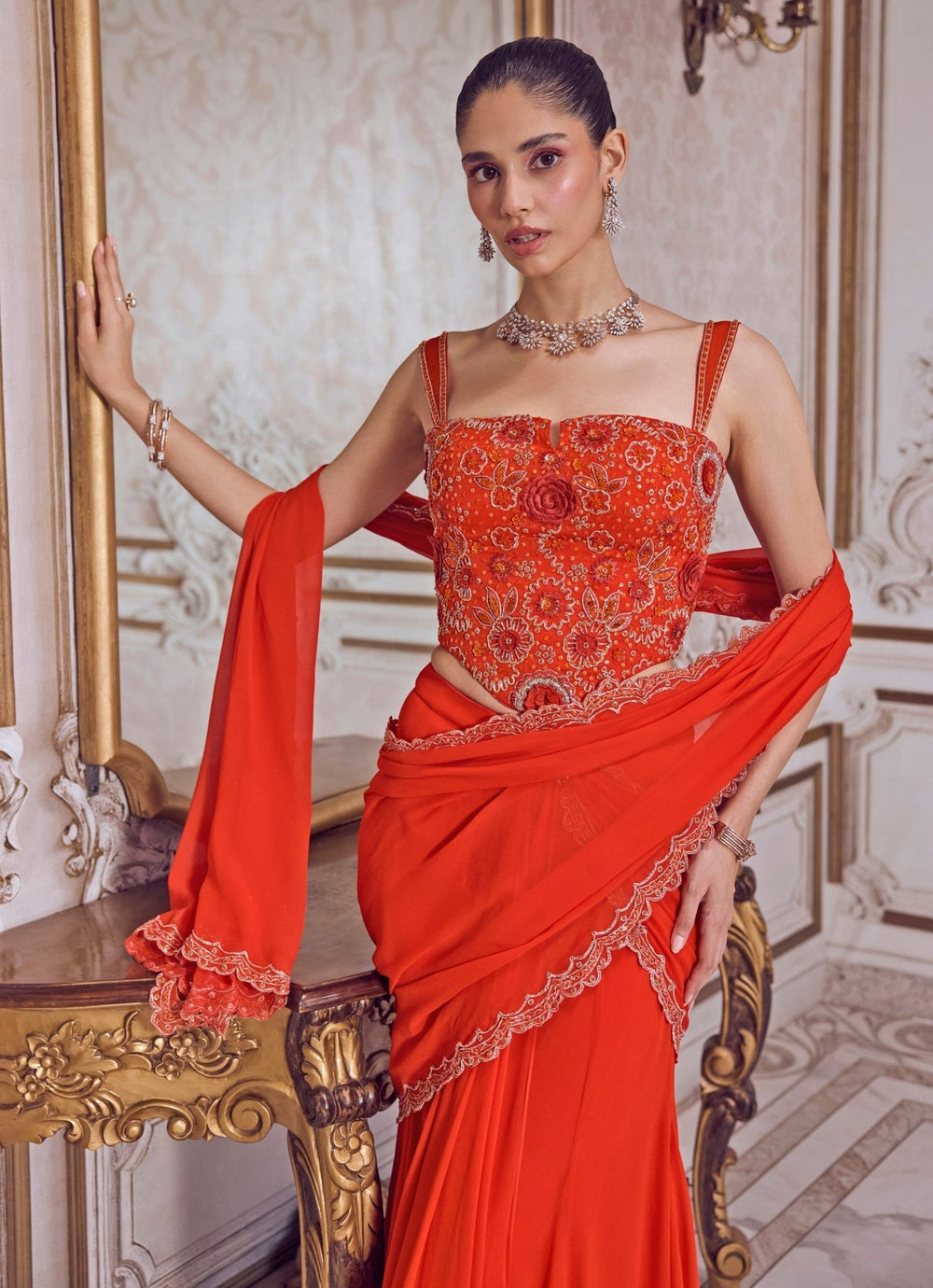 Rust Orange Georgette Pre Draped Saree With Corset Blouse Sanya Gulati - Fabilicious Fashion