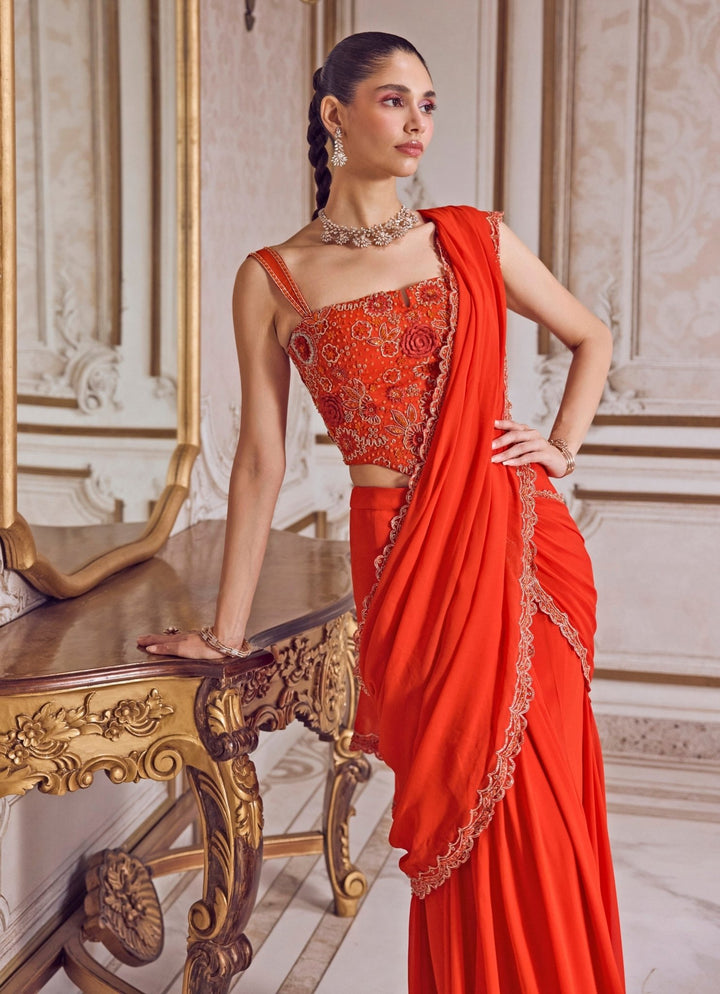 Rust Orange Georgette Pre Draped Saree With Corset Blouse Sanya Gulati - Fabilicious Fashion