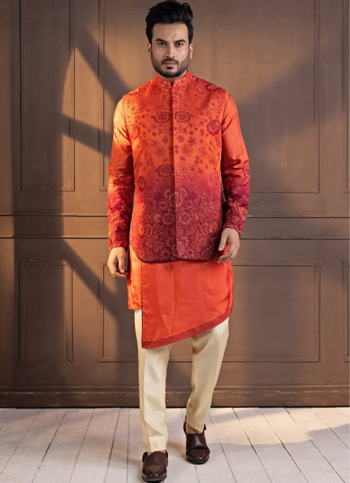 Rust Orange Ombre Satin Embroidered Nehru Jacket Smriti - Fabilicious Fashion