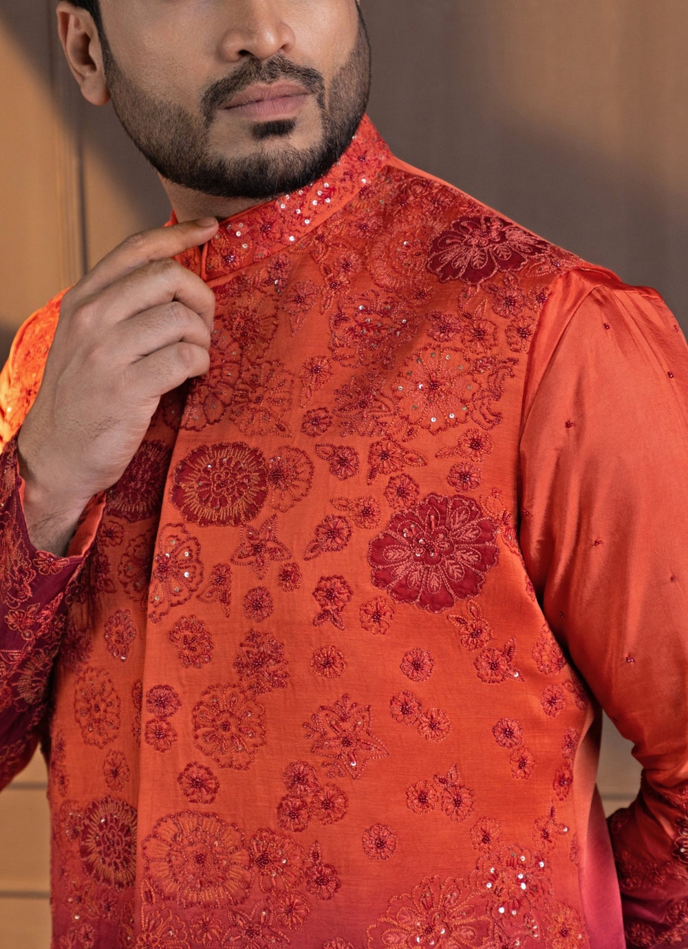 Rust Orange Ombre Satin Embroidered Nehru Jacket Smriti - Fabilicious Fashion