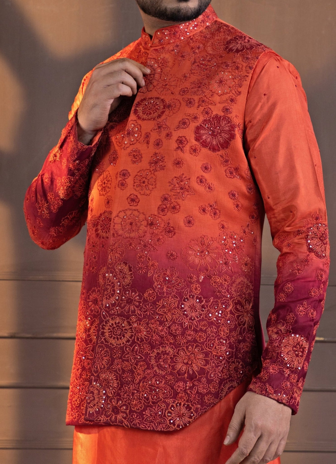 Rust Orange Ombre Satin Embroidered Nehru Jacket Smriti - Fabilicious Fashion
