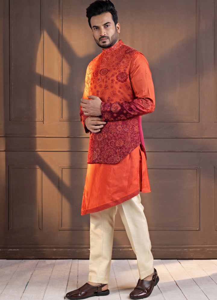 Rust Orange Ombre Satin Embroidered Nehru Jacket Smriti - Fabilicious Fashion