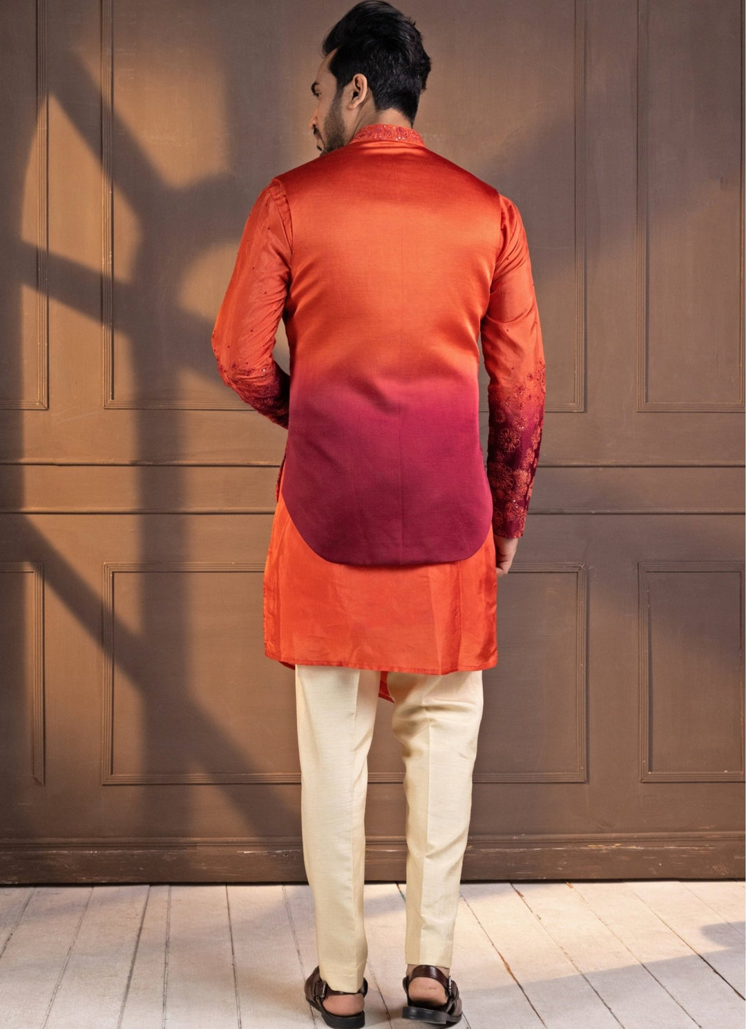 Rust Orange Ombre Satin Embroidered Nehru Jacket Smriti - Fabilicious Fashion