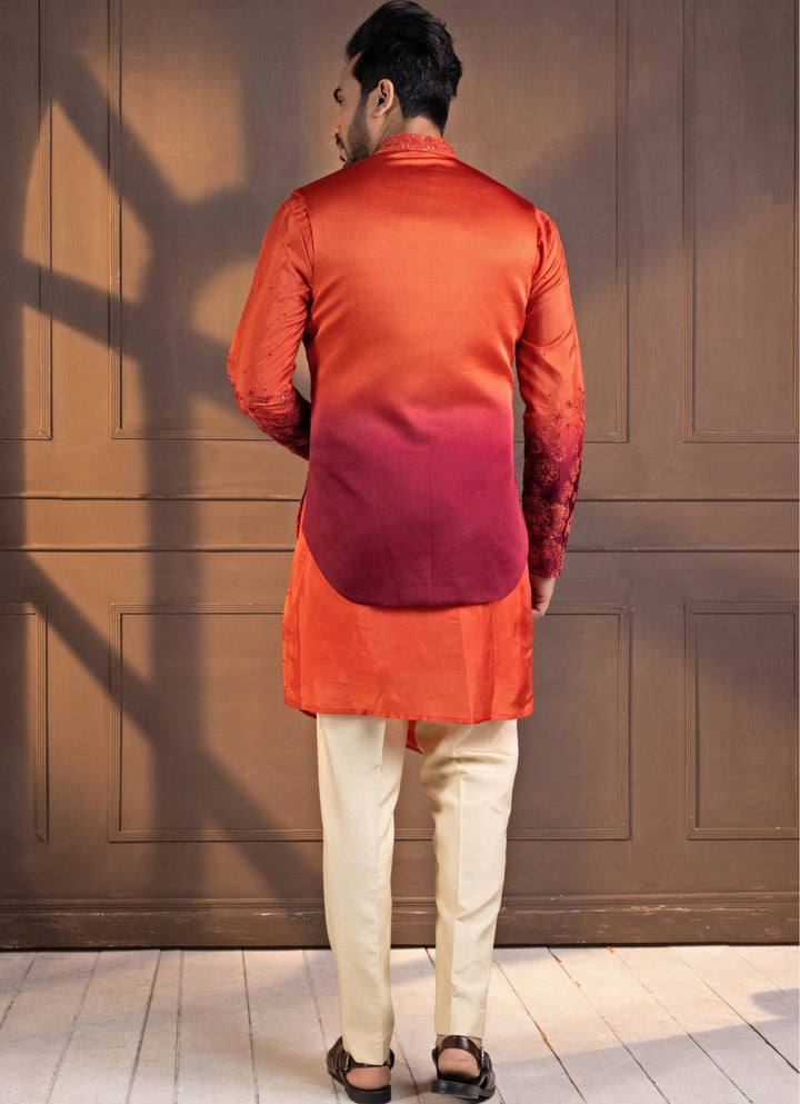 Rust Orange Ombre Satin Embroidered Nehru Jacket Smriti - Fabilicious Fashion