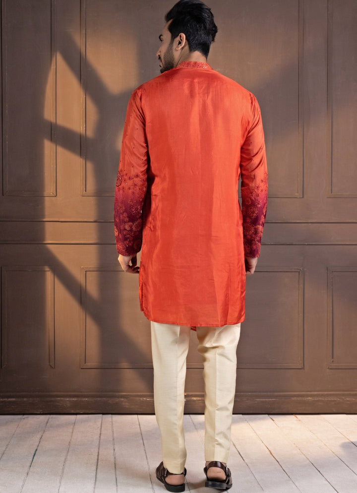 Rust Orange Ombre Silk Embroidered Kurta Pant Set Smriti - Fabilicious Fashion
