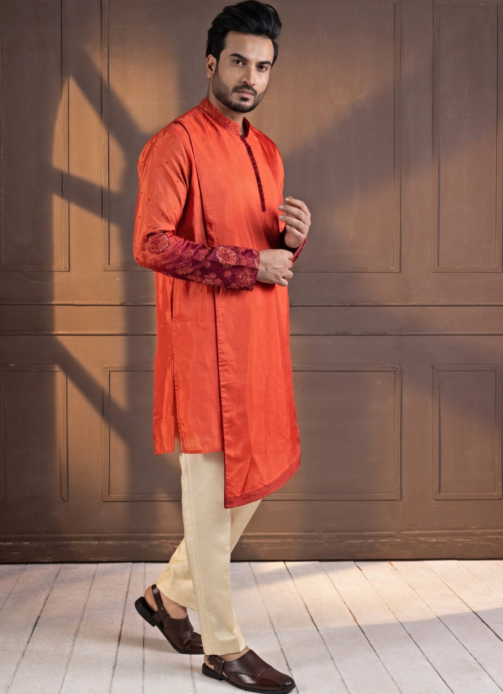 Rust Orange Ombre Silk Embroidered Kurta Pant Set Smriti - Fabilicious Fashion