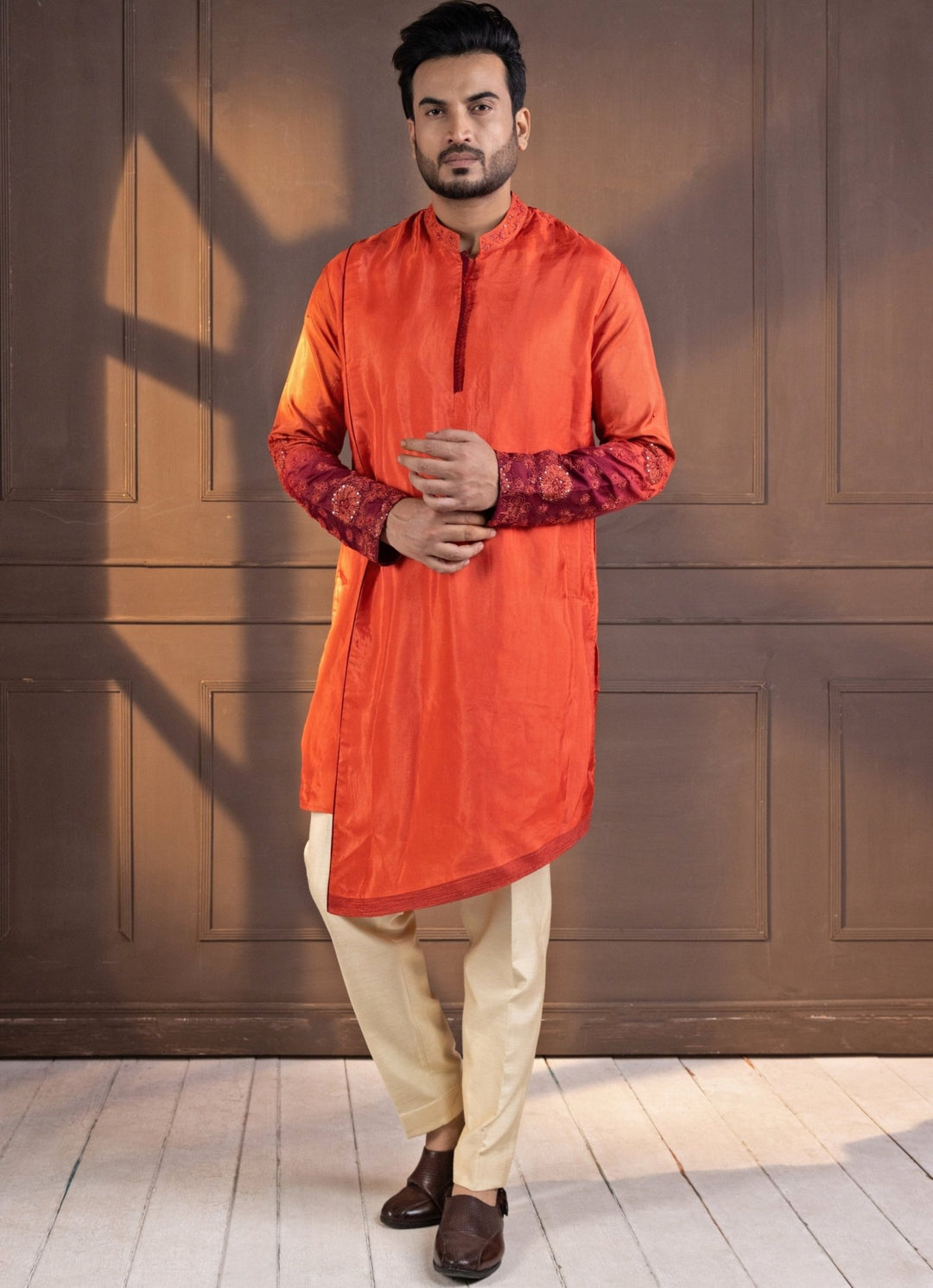 Rust Orange Ombre Silk Embroidered Kurta Pant Set Smriti - Fabilicious Fashion