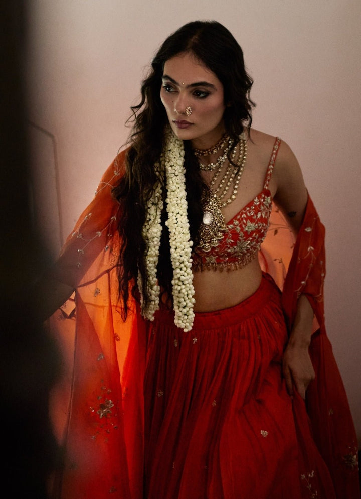 Rust Orange Organza Lehenga Set Paulmi and Harsh - Fabilicious Fashion