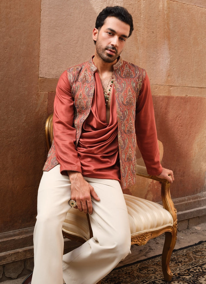 Darzi House Rust Orange Pashmina Cowl Kurta Set with Nehru JacketFabilicious Fashion